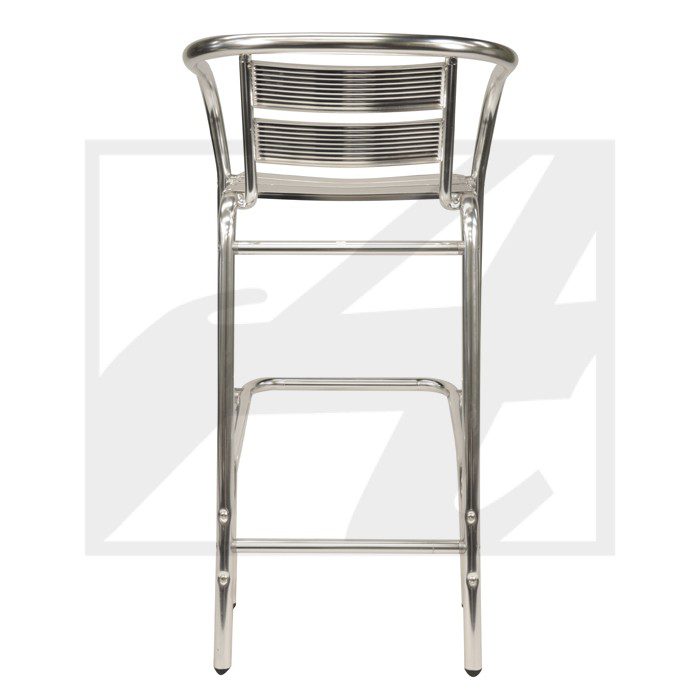 A sleek metal bar stool with a minimalist design.