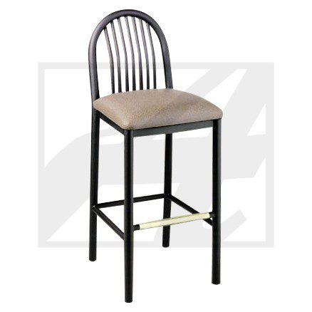 Tall black metal bar stool with a cushioned beige seat and curved backrest.