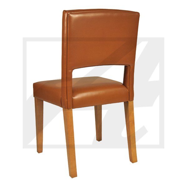 Brown leather dining chair with wooden legs and a modern cutout back.
