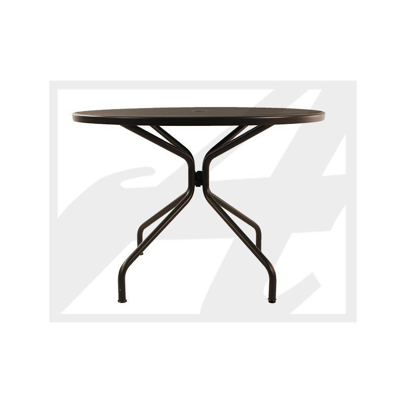 Modern round table with a sleek, black metal base and wooden top.
