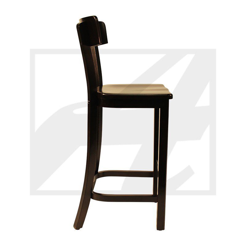 Dark wooden bar stool with a woven seat and backrest.