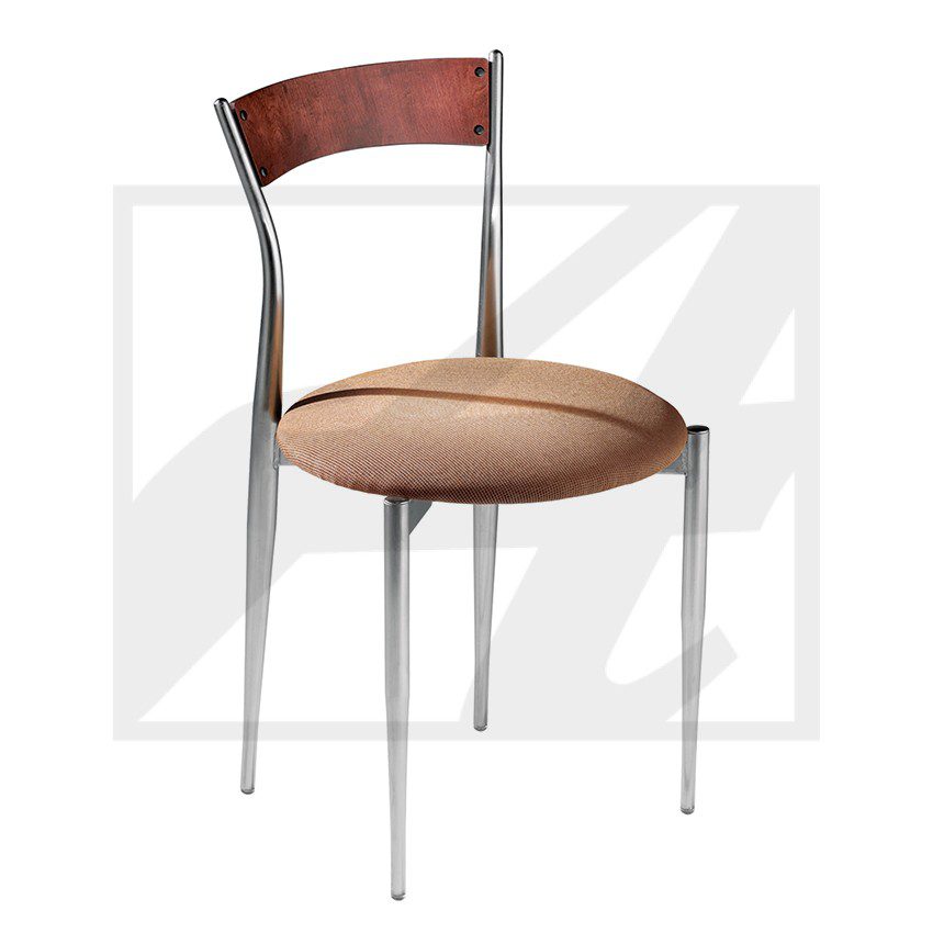Modern chair with wooden backrest and cushioned seat on metal legs.