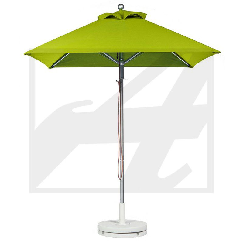 Green outdoor patio umbrella with a white base and crank handle.