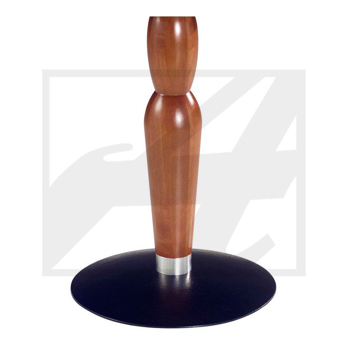 Wooden tamper with a flat black base for pressing coffee grounds.