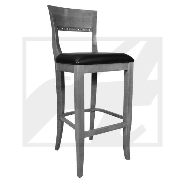 Wooden bar stool with a black cushioned seat and backrest.