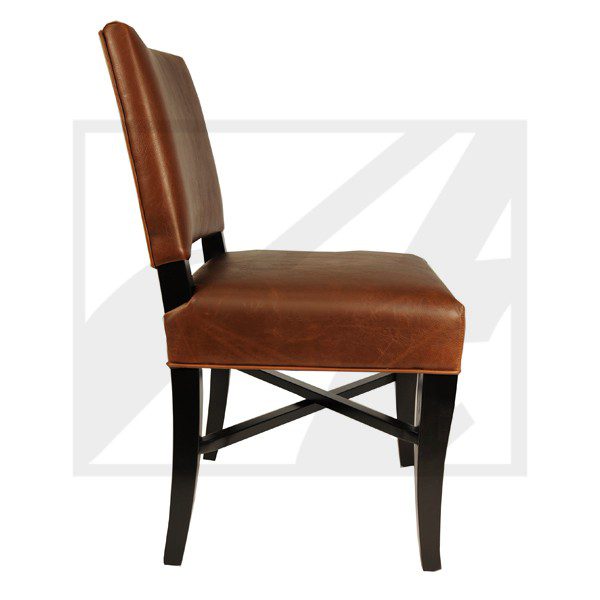 Brown upholstered dining chair with wooden legs and crossbars.