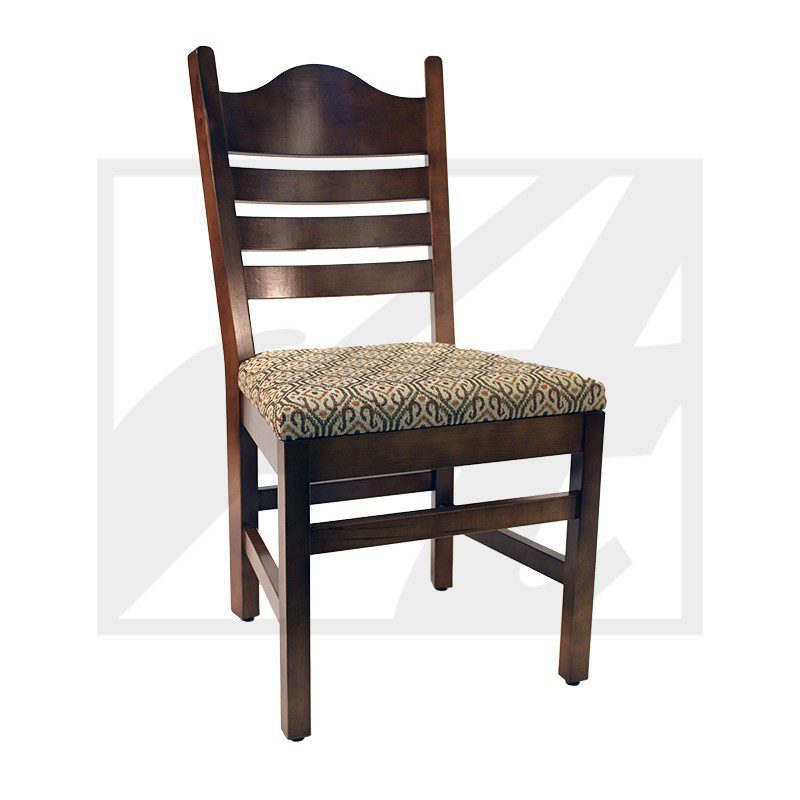Wooden chair with woven seat and ladder back design.