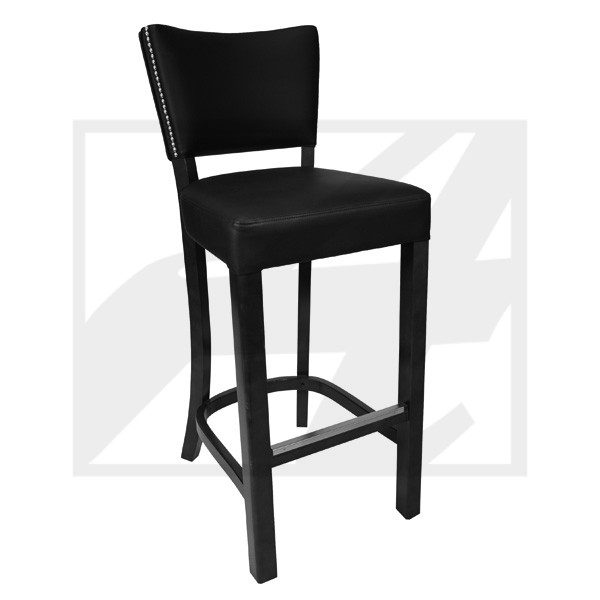 Black cushioned bar stool with a backrest and footrest.