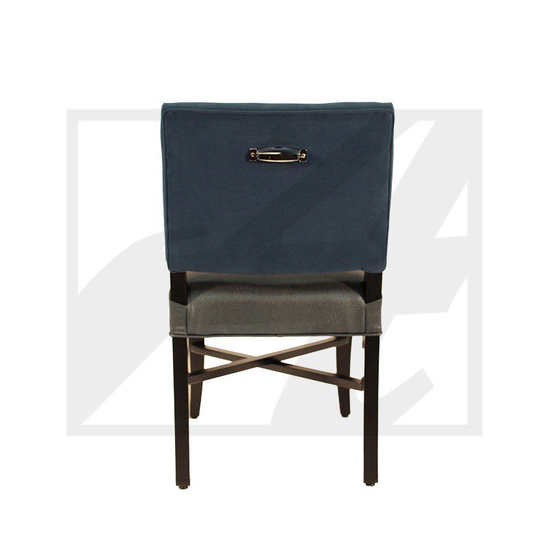 Dark wood chair with navy blue fabric backrest cover.