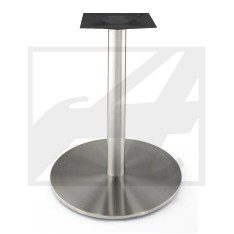 Stainless steel table base with a round flat bottom and a square top plate.