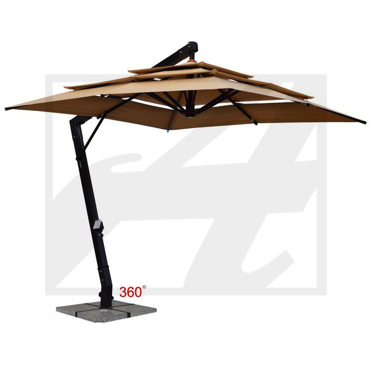 Modern cantilever patio umbrella with 360-degree rotation and wooden ribs.