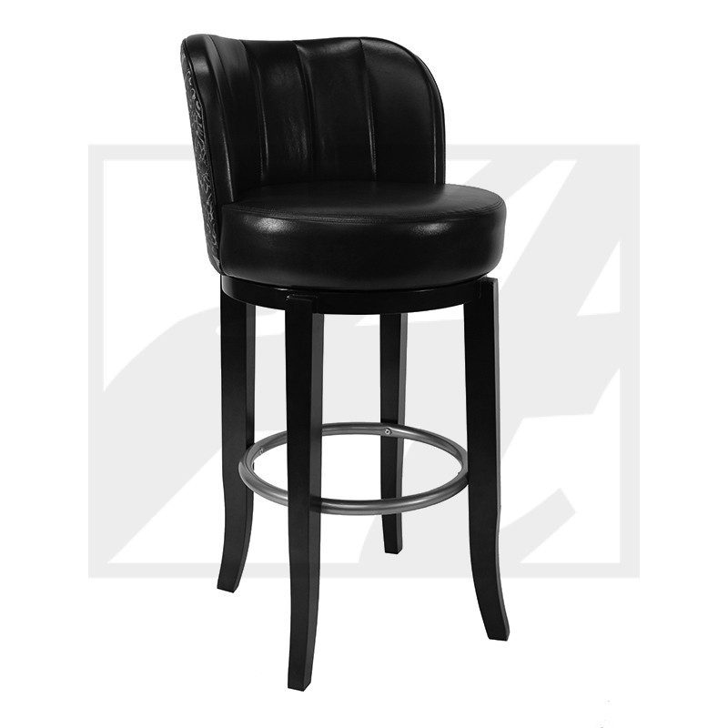 Black leather bar stool with cushioned seat and backrest.