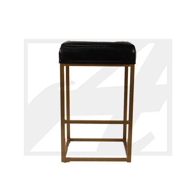 Modern bar stool with black cushioned seat and gold metal frame.
