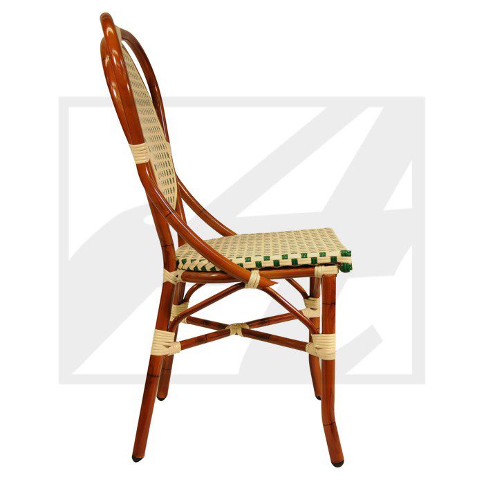 Side view of a rustic wooden chair with woven seat and backrest.