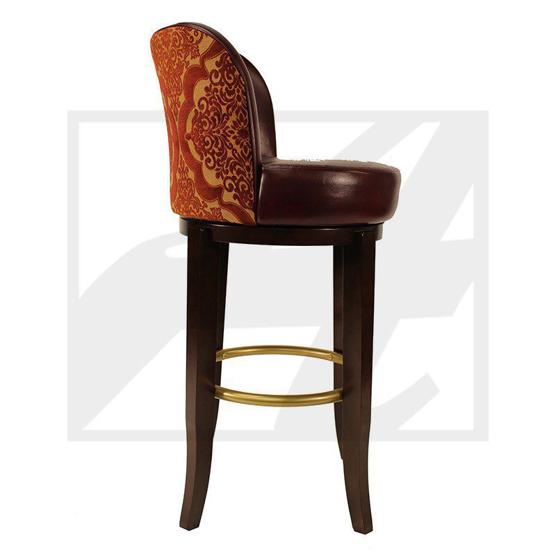 Elegant bar stool with embossed leather backrest and wooden legs.