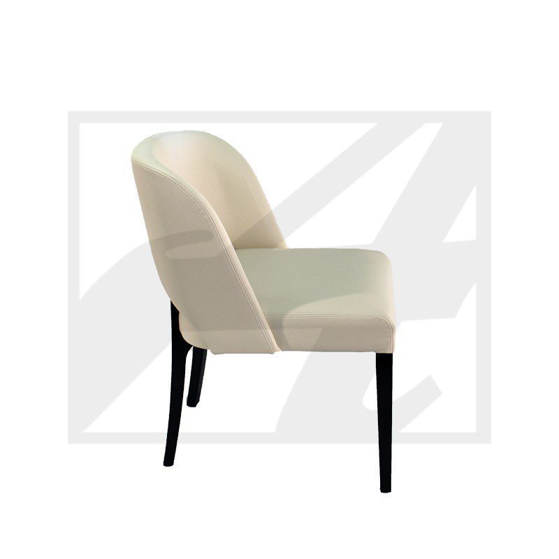 Elegant beige upholstered chair with black wooden legs.