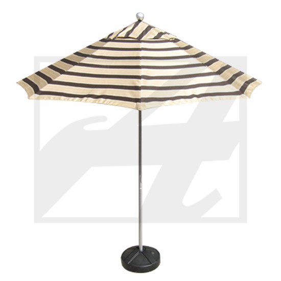 Striped outdoor patio umbrella with a sturdy base.