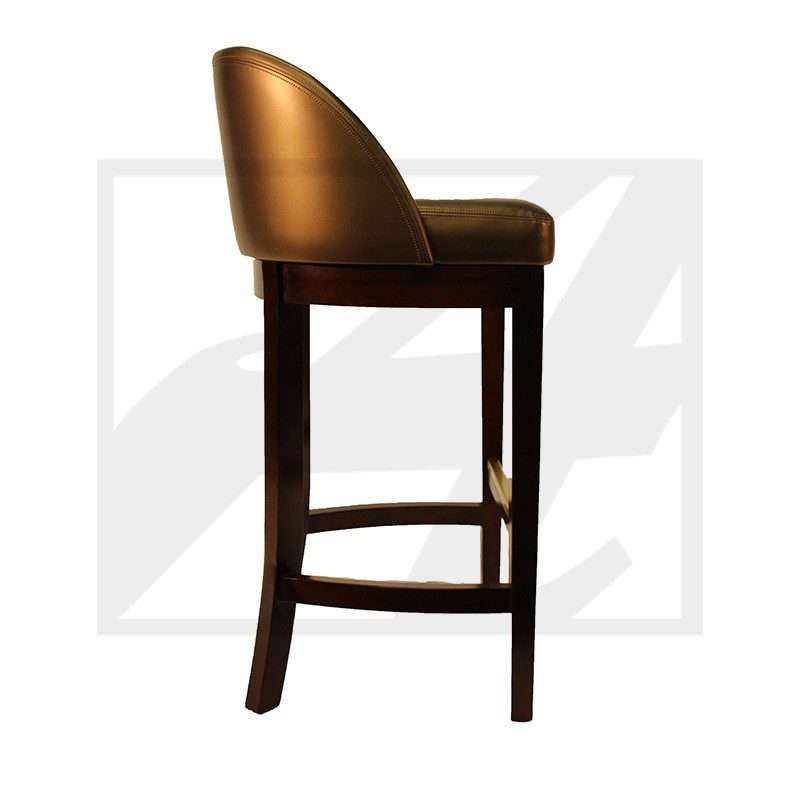 Elegant brown leather bar stool with dark wooden legs.