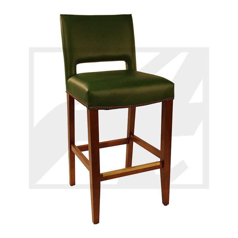 Green cushioned bar stool with wooden legs and backrest.