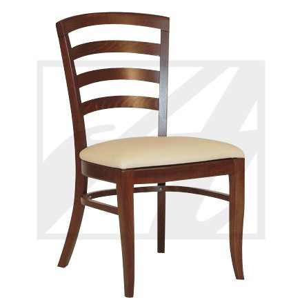 Wooden dining chair with cream cushioned seat and slatted backrest.