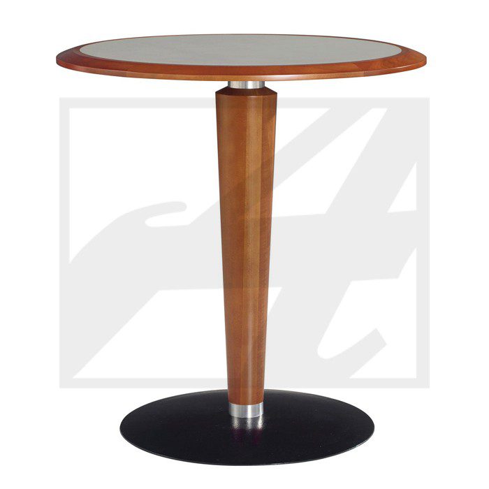 Round glass-top table with wooden pedestal and black circular base.