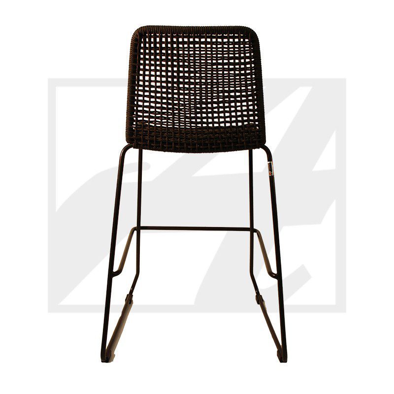 Black metal and woven rattan bar stool with a sleek design.