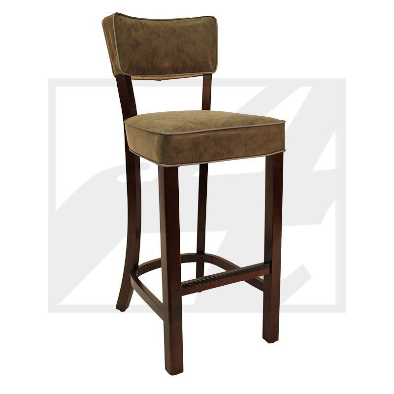 Wooden bar stool with cushioned seat and backrest.