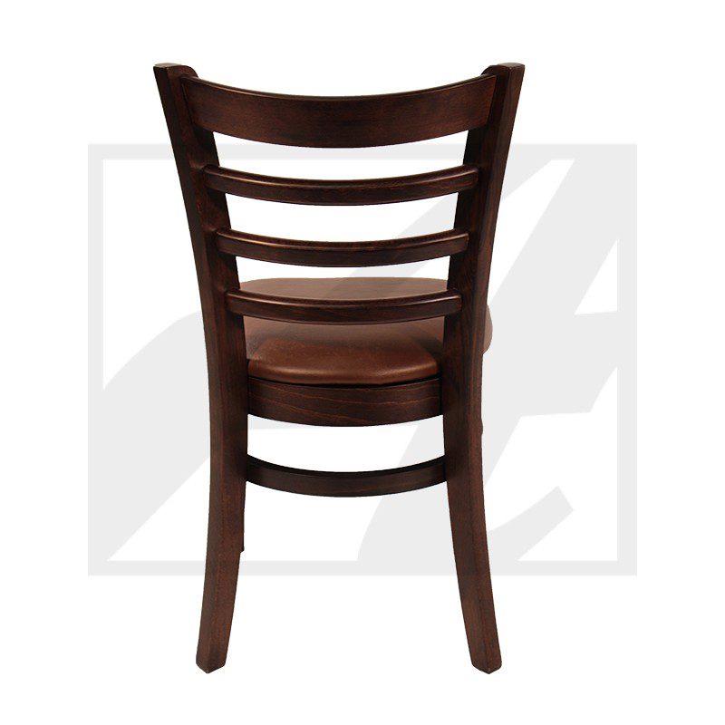 Wooden chair with a curved ladder back design.