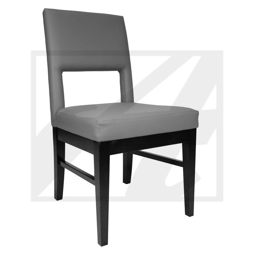 Modern dining chair with dark wood frame and cushioned seat and back.