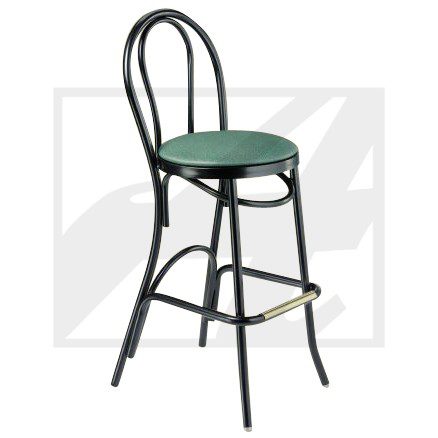 Tall bar stool with a black frame and green seat.