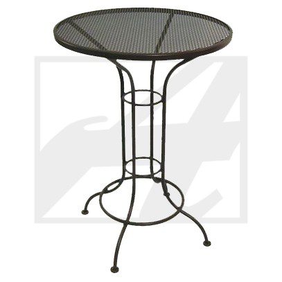 Black metal mesh round table with curved legs.