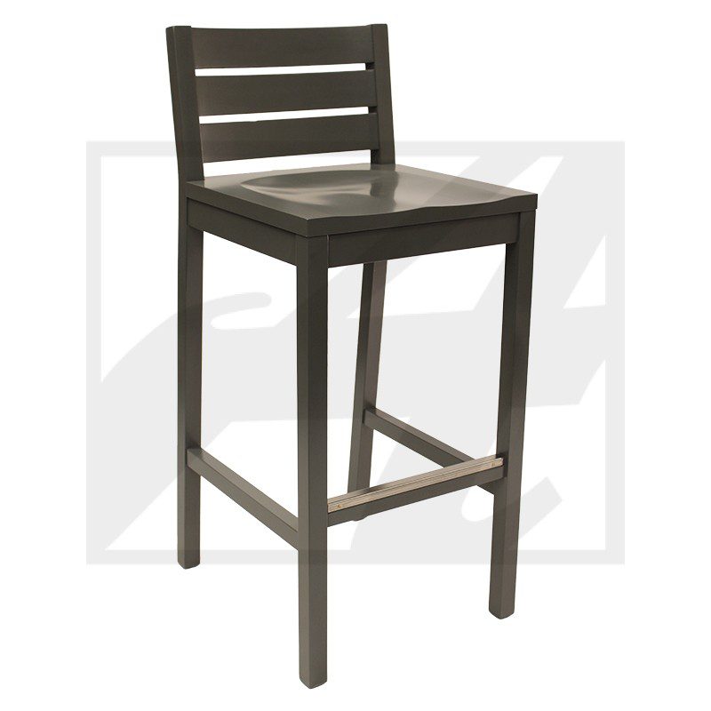 Wooden bar stool with a slatted backrest and footrest.
