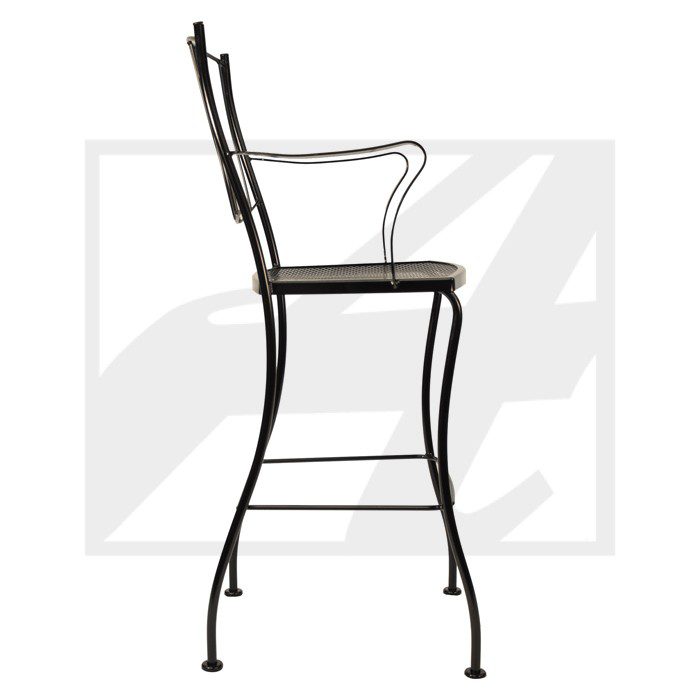 Elegant black metal bar stool with armrests and footrest.