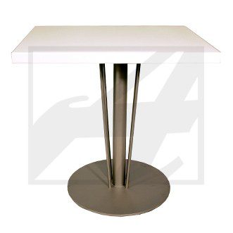 Modern square table with a metal base and white top.