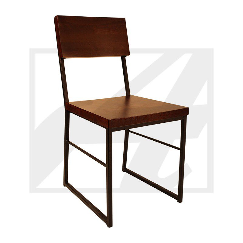 Modern wooden chair with metal frame and angled legs.