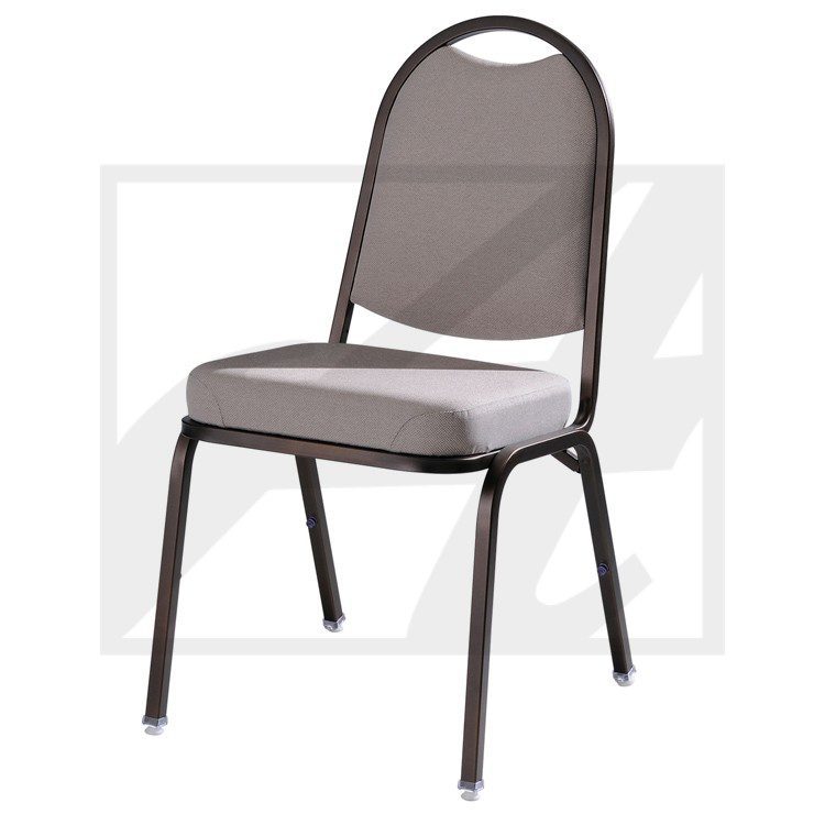 A simple gray padded chair with a metal frame.