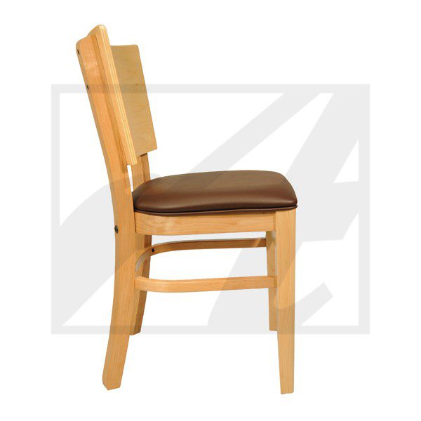 Side view of a wooden chair with a cushioned seat.