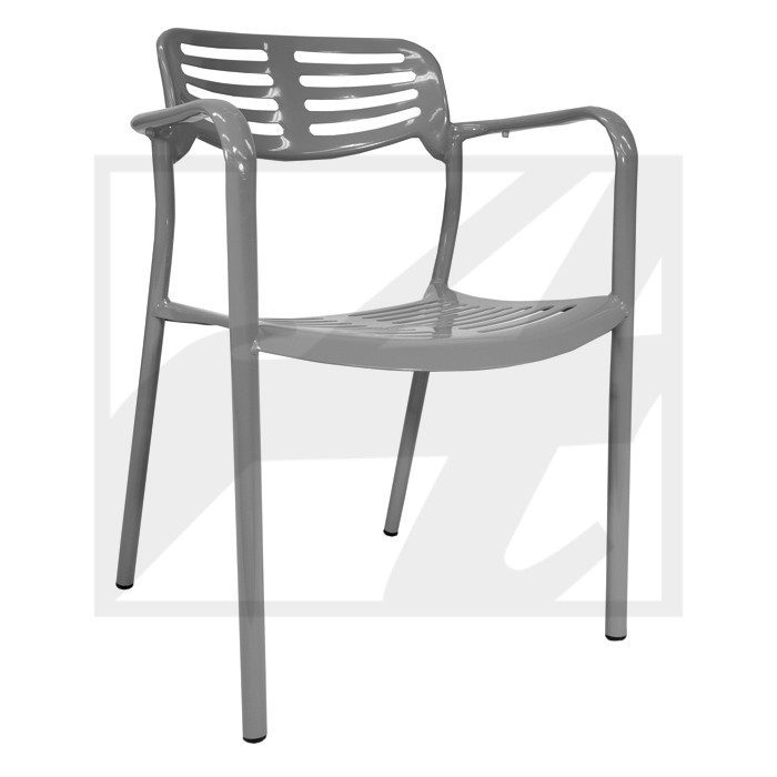 Modern gray chair casting a shadow on a white background.