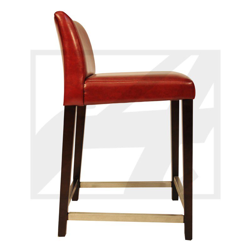Elegant red leather bar stool with wooden legs and brass footrest.