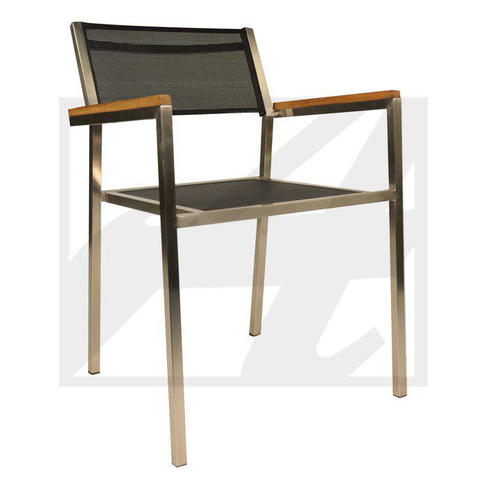 Modern outdoor chair with wooden armrests and mesh seat.