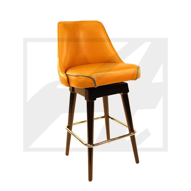 Modern orange bar stool with cushioned seat and wooden legs.