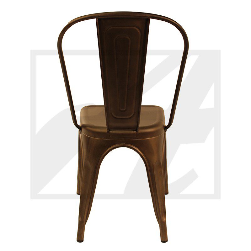 Rustic metal chair with curved backrest and industrial design.