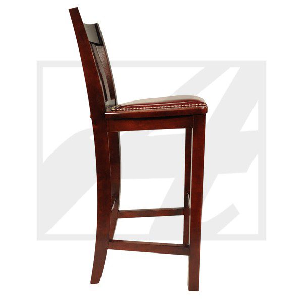 Elegant wooden bar stool with a cushioned seat and backrest.