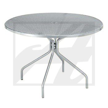 Round marble table with four metal legs and a minimalist design.