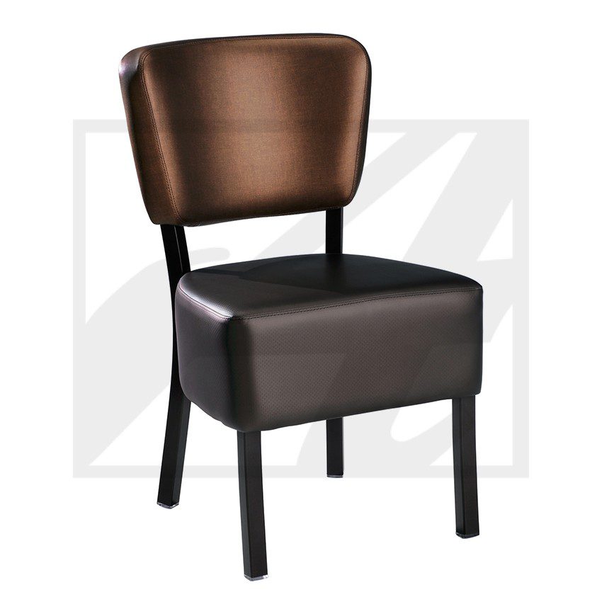 Modern chair with brown backrest and black cushioned seat.