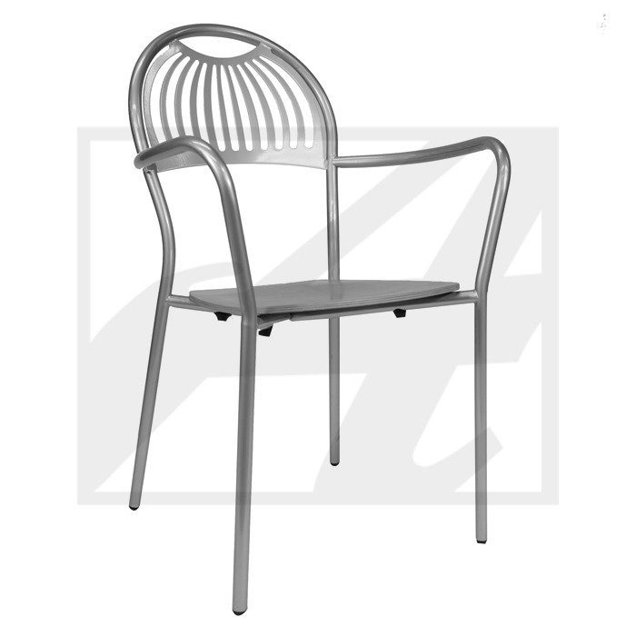 Modern metal chair with curved backrest and armrests.