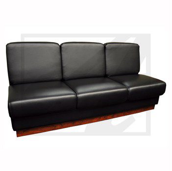 Sleek black leather sofa with wooden base and three cushioned seats.