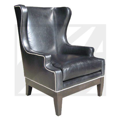 Sleek black leather wingback chair with wooden legs.
