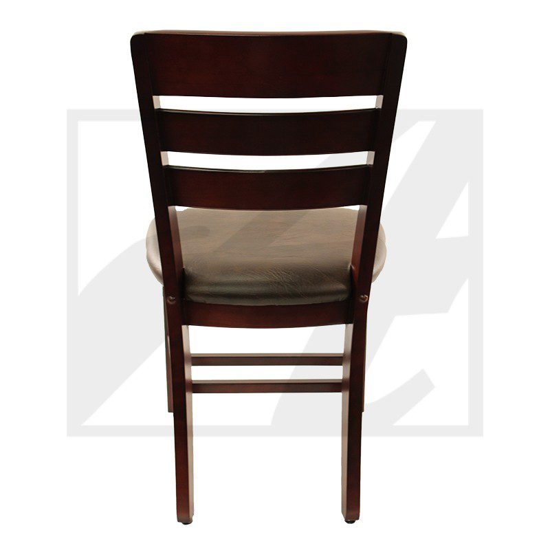 Wooden chair with horizontal slats and cushioned seat, viewed from the back.