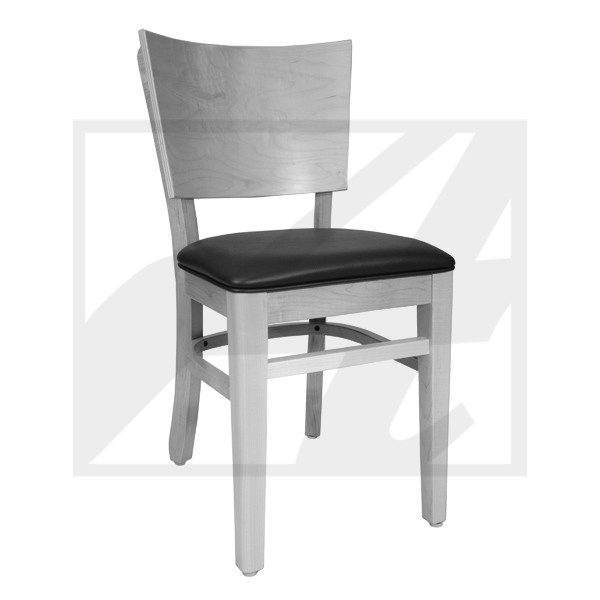 Wooden chair with a black cushioned seat and curved backrest.